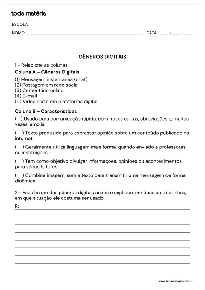 atividade sobre g&ecirc;neros digitais de relacione e responda