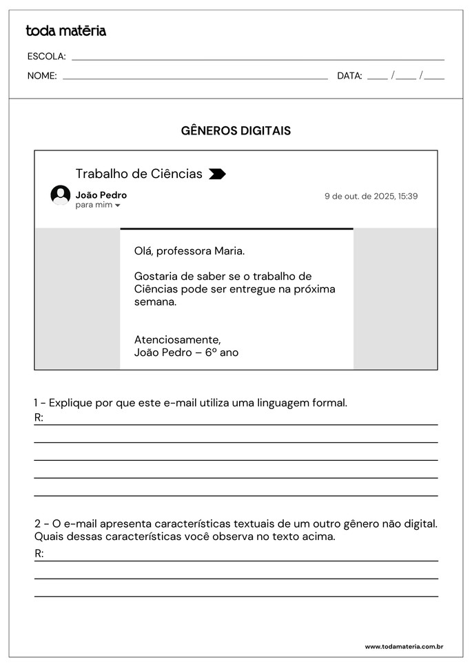 atividade sobre g&ecirc;neros digitais com e-mail