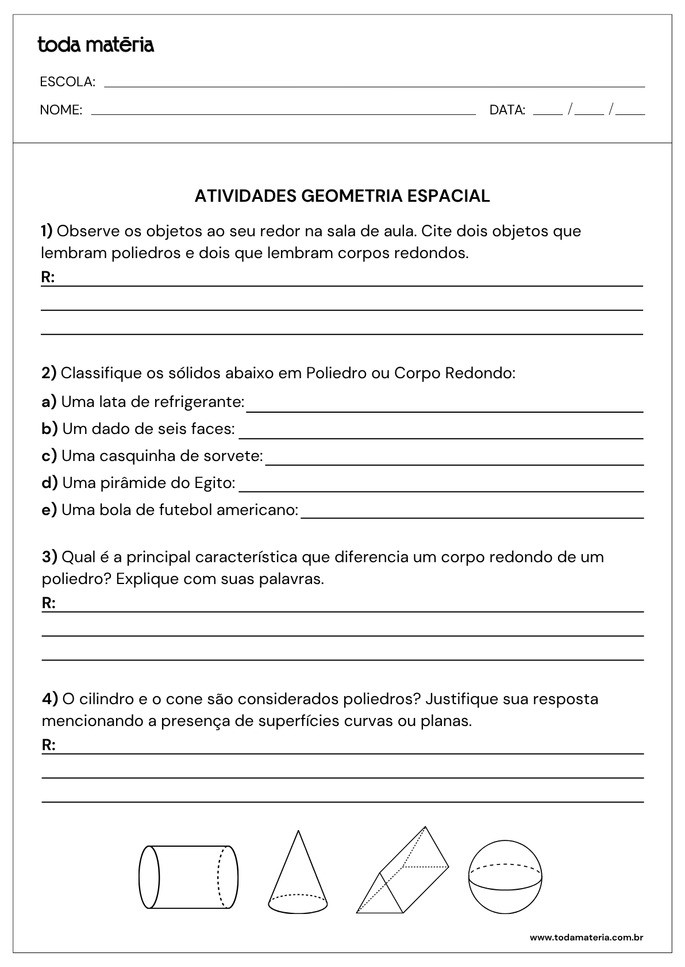 Atividades sobre geometria espacial para 6&ordm; ano com perguntas abertas e classifica&ccedil;&atilde;o