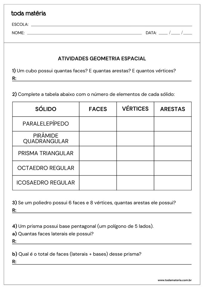 Atividades sobre geometria espacial para 6&ordm; ano com perguntas e preenchimento de tabela