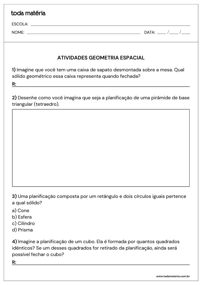 Atividades sobre geometria espacial para 6&ordm; ano com perguntas e desenho