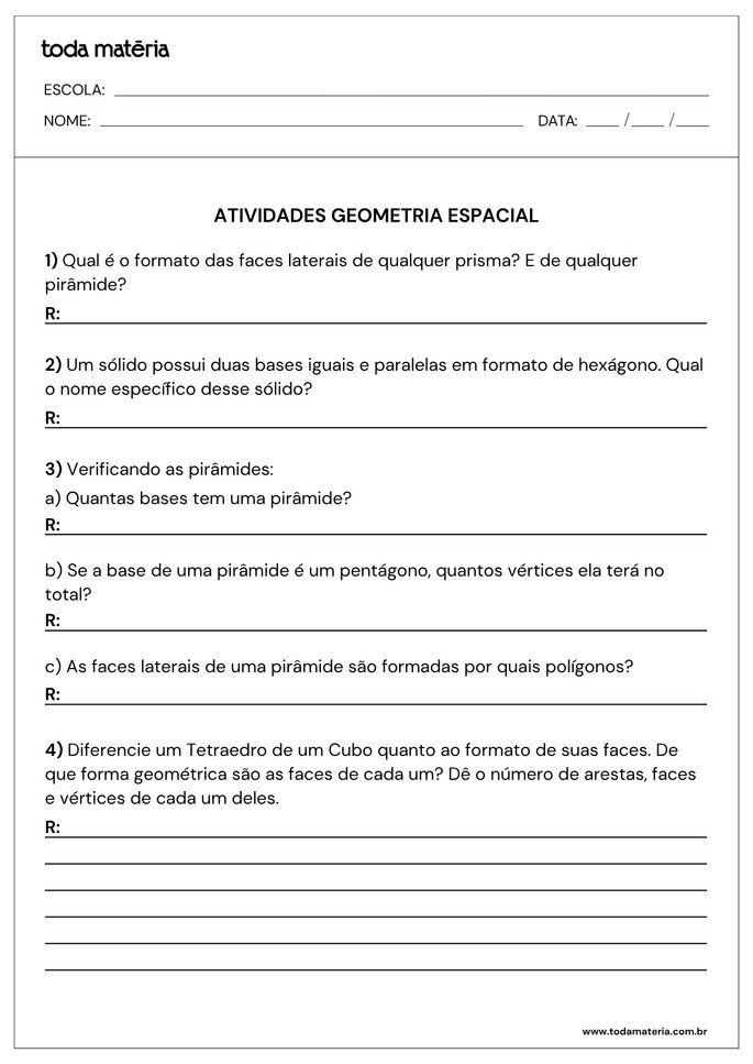 Atividades sobre geometria espacial para 6&ordm; ano