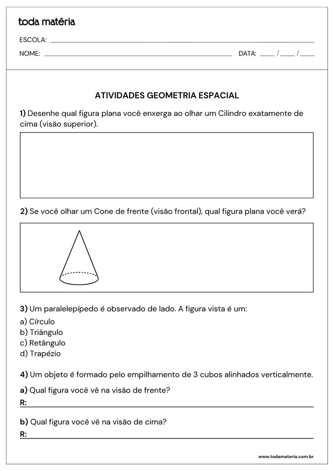Atividades sobre geometria espacial para 6&ordm; ano com desenho e perguntas