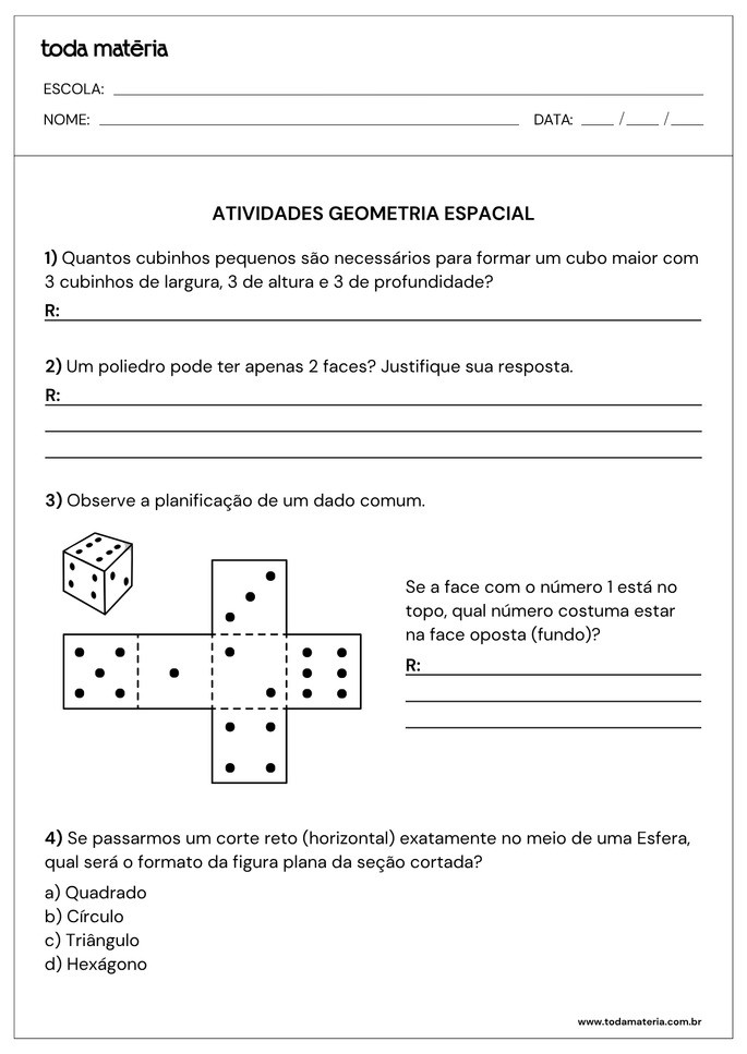 4 atividades sobre geometria espacial para 6&ordm; ano para imprimir