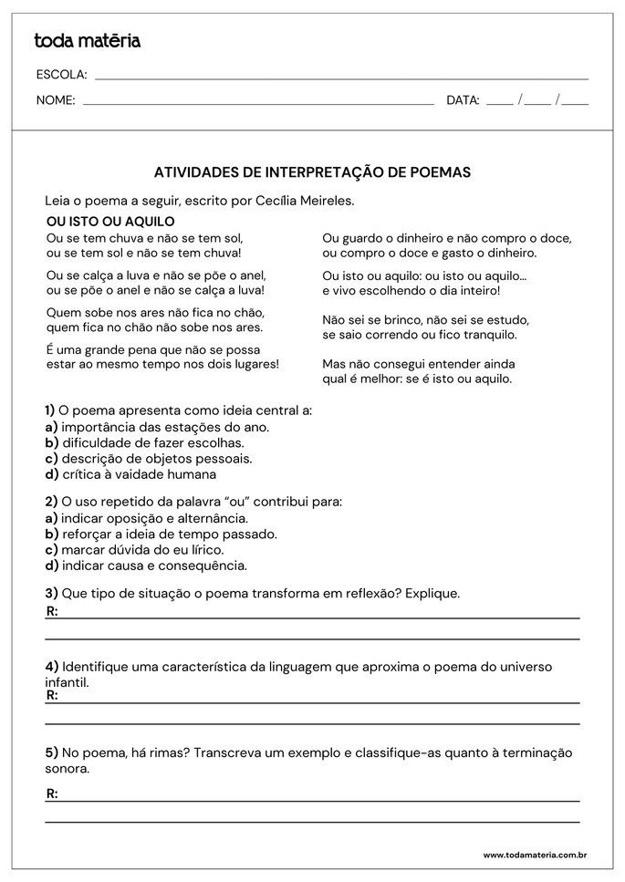 Atividades de interpreta&ccedil;&atilde;o de poemas para 8&ordm; ano do Fundamental.
