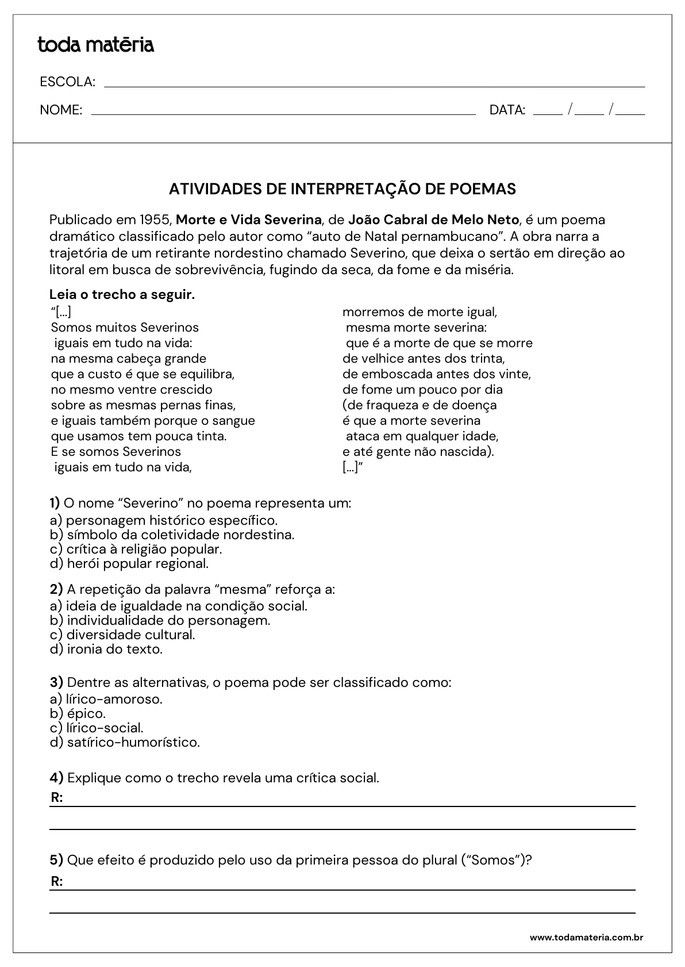 Atividades de interpreta&ccedil;&atilde;o de poemas para 8&ordm; ano do Fundamental.