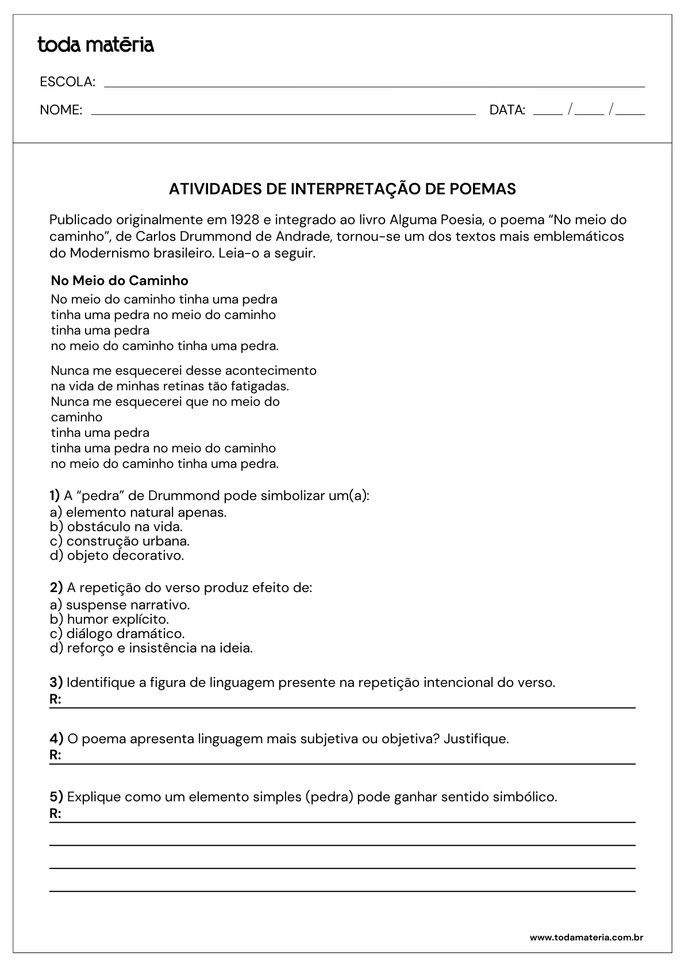 Atividades de interpreta&ccedil;&atilde;o de poemas para 8&ordm; ano do Fundamental.