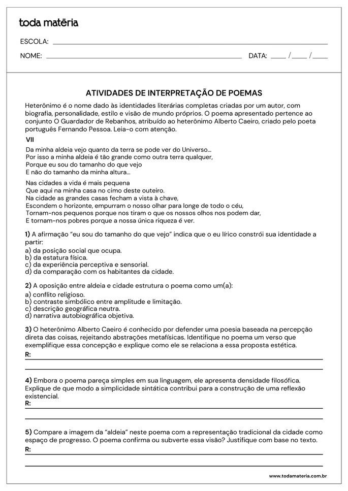 Atividades de interpreta&ccedil;&atilde;o de poemas para 8&ordm; ano do Fundamental.
