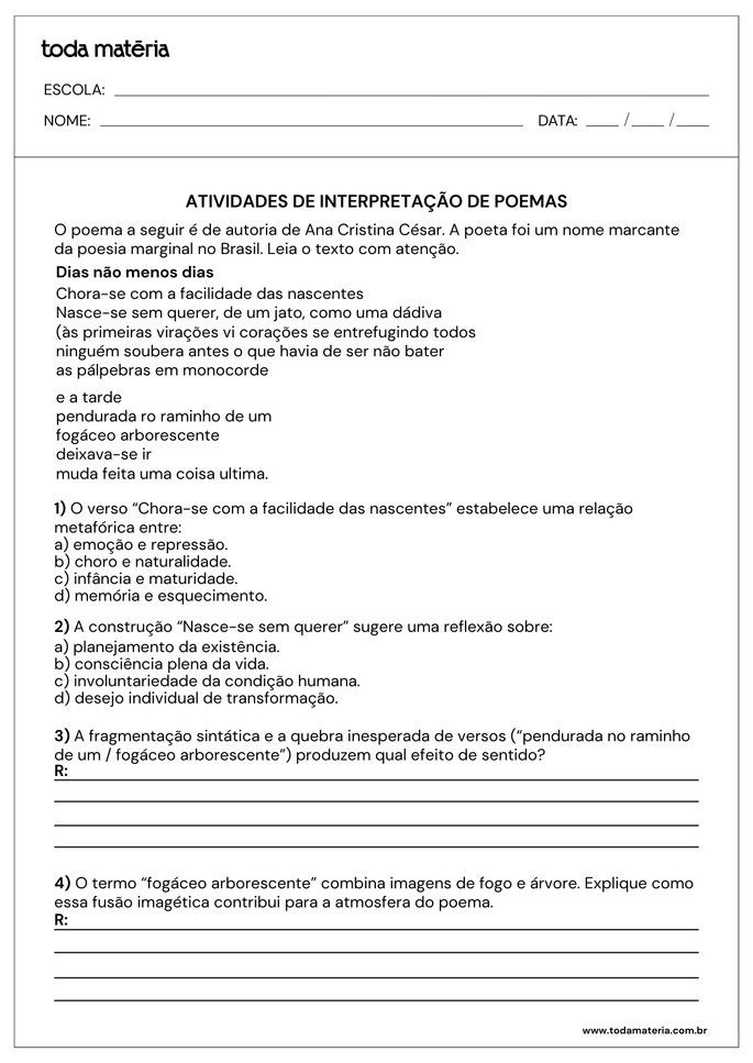 Atividades de interpreta&ccedil;&atilde;o de poemas para 8&ordm; ano do Fundamental.
