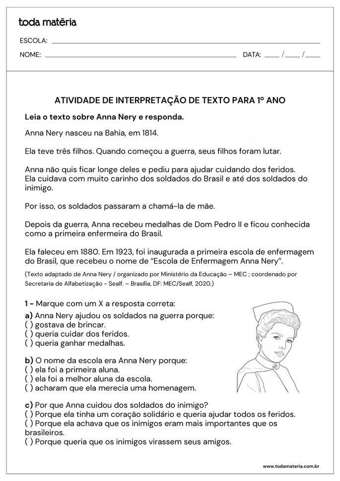 atividade de interpretação de texto sobre Anna Nery para 1º ano do Fundamental