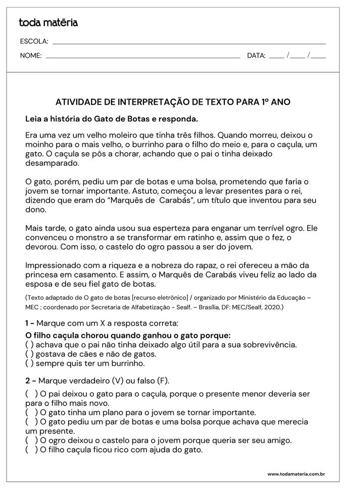 atividade de interpretação do texto O Gato de Botas para 1º ano do Fundamental