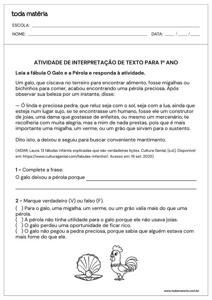 atividade de interpretação da fábula O Galo e a Pérola para 1º ano do Fundamental