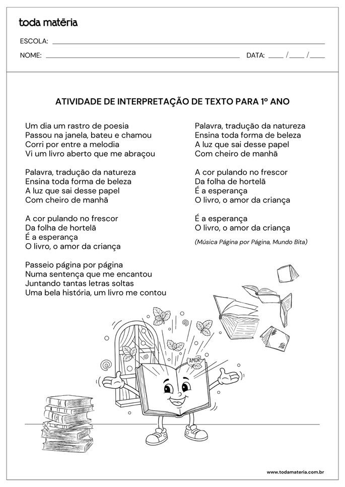 letra de música para atividade de interpretação de texto para 1º ano do fundamental