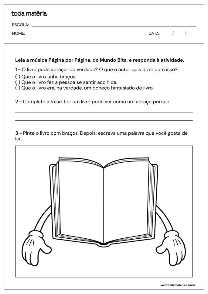 atividade de interpretação da música Página por Página para 1º ano do Fundamental