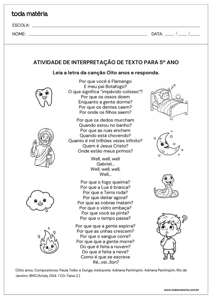 atividade de interpretação de texto da música oito anos para 5º ano