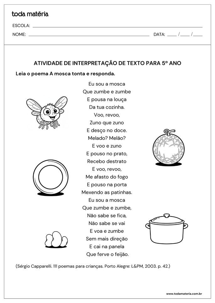 atividade de interpretação de texto do poema a mosca tonta para 5º ano