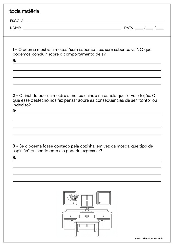 atividade de interpretação de texto do poema a mosca tonta para 5º ano_questões