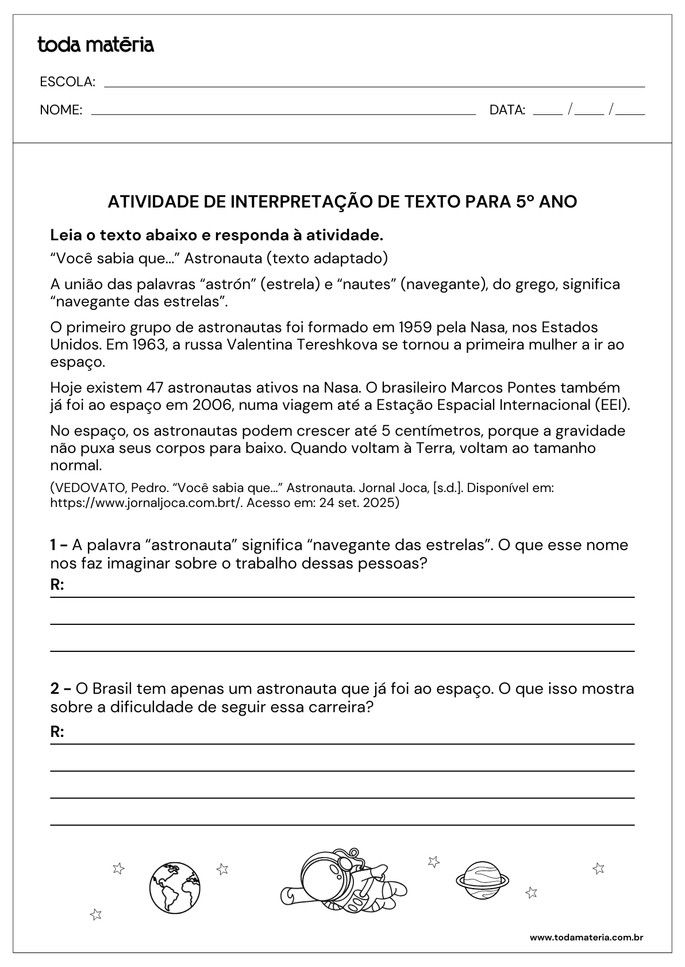 atividade de interpretação de texto sobre astronautas para 5º ano