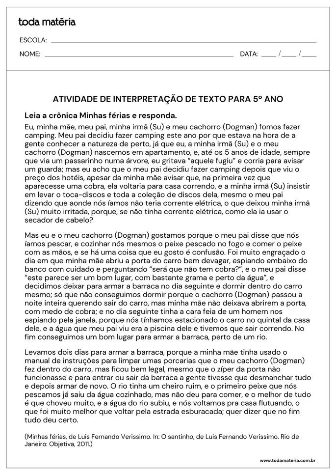 atividade de interpretação de texto crônica para 5º ano