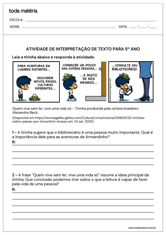 atividade de interpretação de texto com tirinha para 5º ano