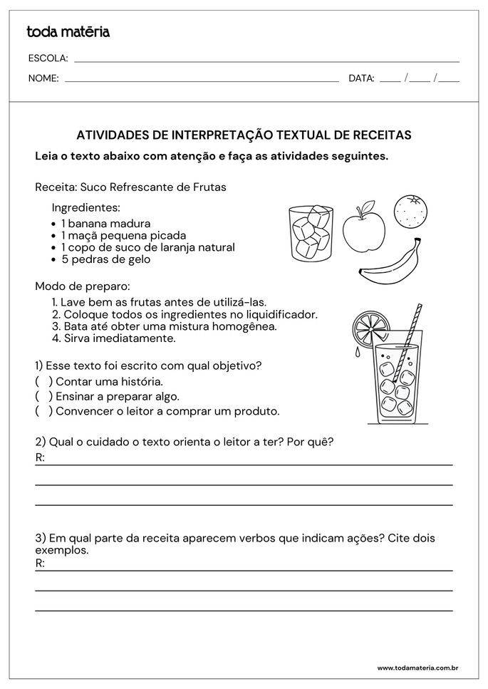 Atividades de m&uacute;ltipla escolha e perguntas sobre interpreta&ccedil;&atilde;o textual de receitas