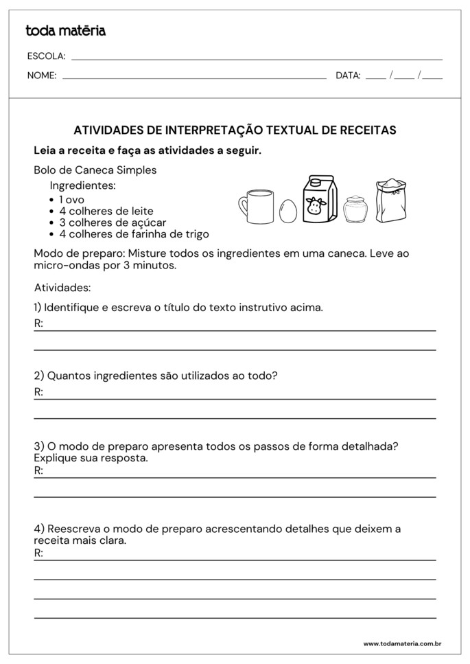 Atividades sobre interpreta&ccedil;&atilde;o textual de receitas para 5&ordm; ano