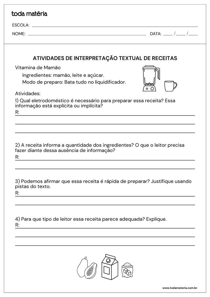 Atividades sobre interpreta&ccedil;&atilde;o textual de receitas com perguntas abertas