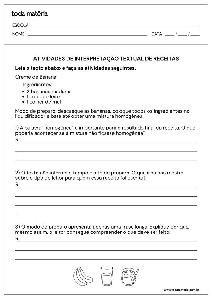 Atividades sobre interpreta&ccedil;&atilde;o textual de receitas com perguntas abertas para 5&ordm; ano