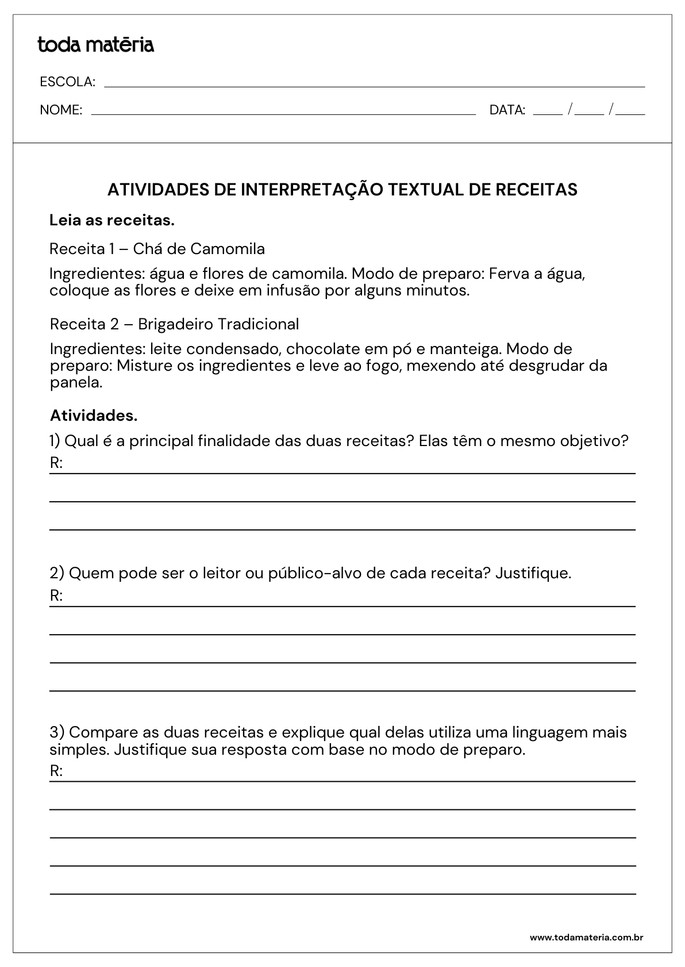 Atividades sobre interpreta&ccedil;&atilde;o textual de receitas com perguntas sobre finalidade, p&uacute;blico e linguagem