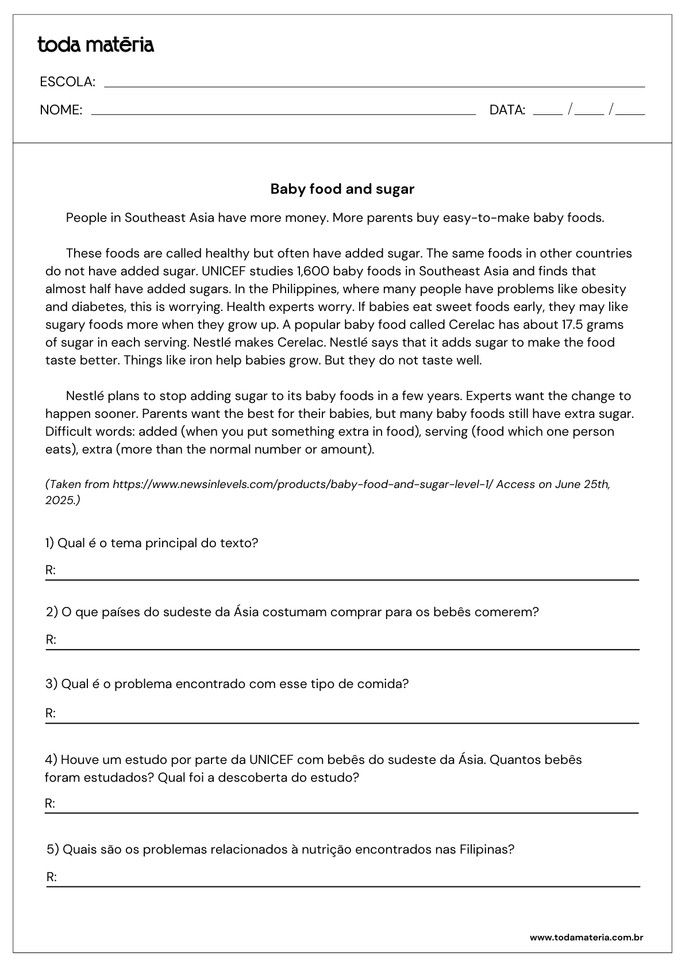atividades de leitura e interpretação de textos em inglês_Baby food and sugar_1 de 2