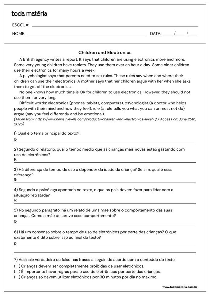 atividades de leitura e interpretação de textos em inglês_children and electronics