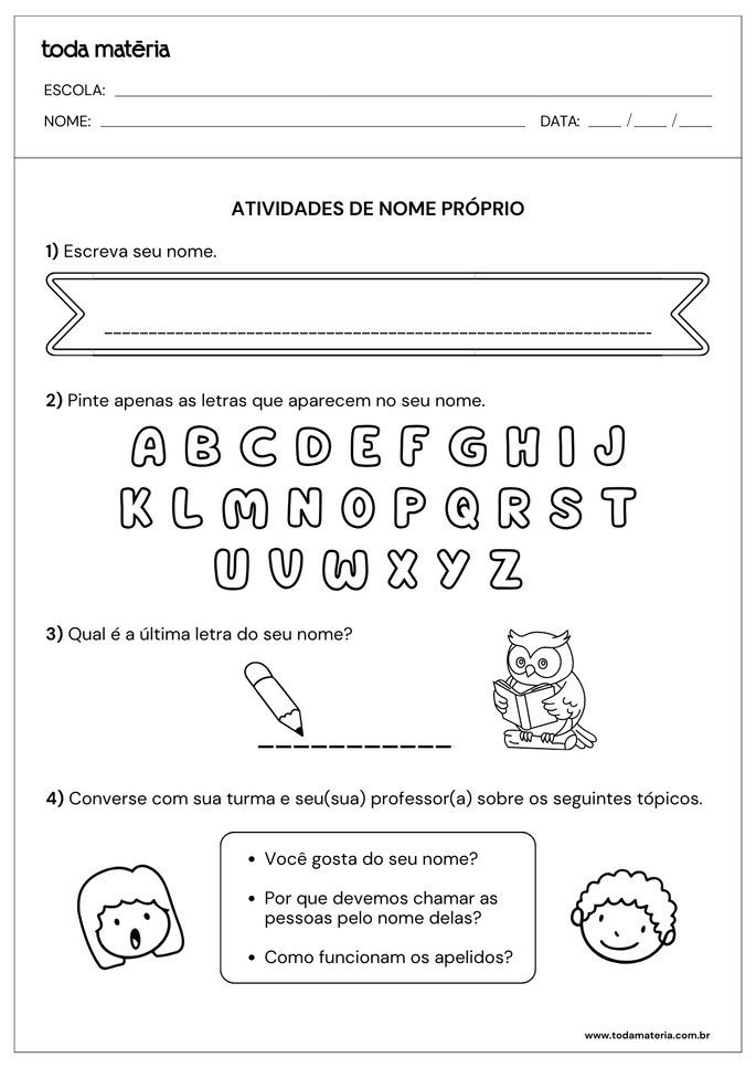 Atividades com o nome pr&oacute;prio para o 1&ordm; ano do Fundamental (para imprimir).