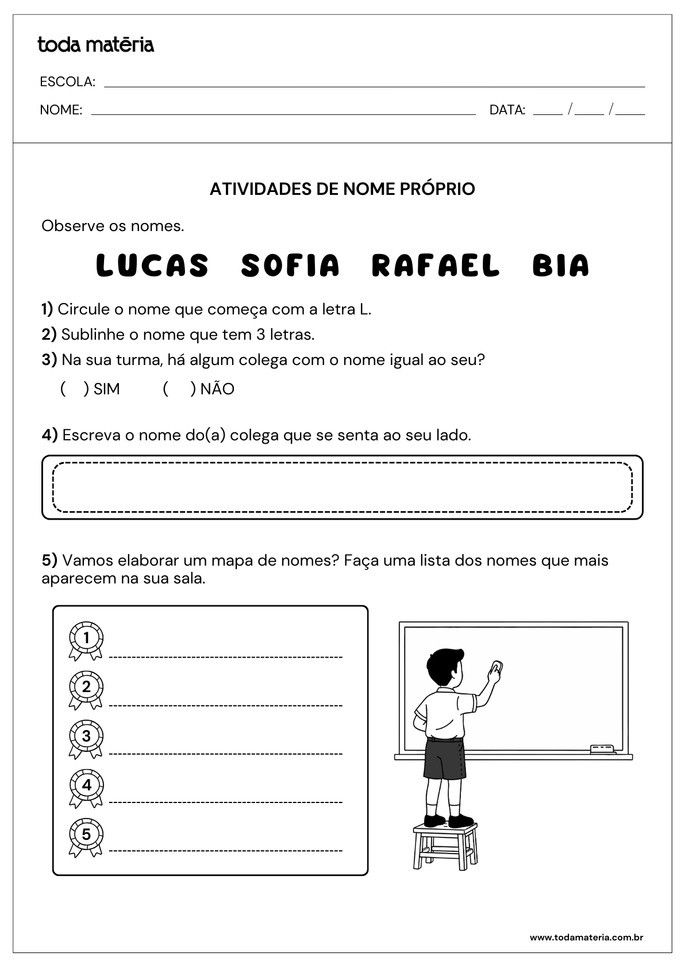 Atividades com o nome pr&oacute;prio para o 1&ordm; ano do Fundamental (para imprimir).