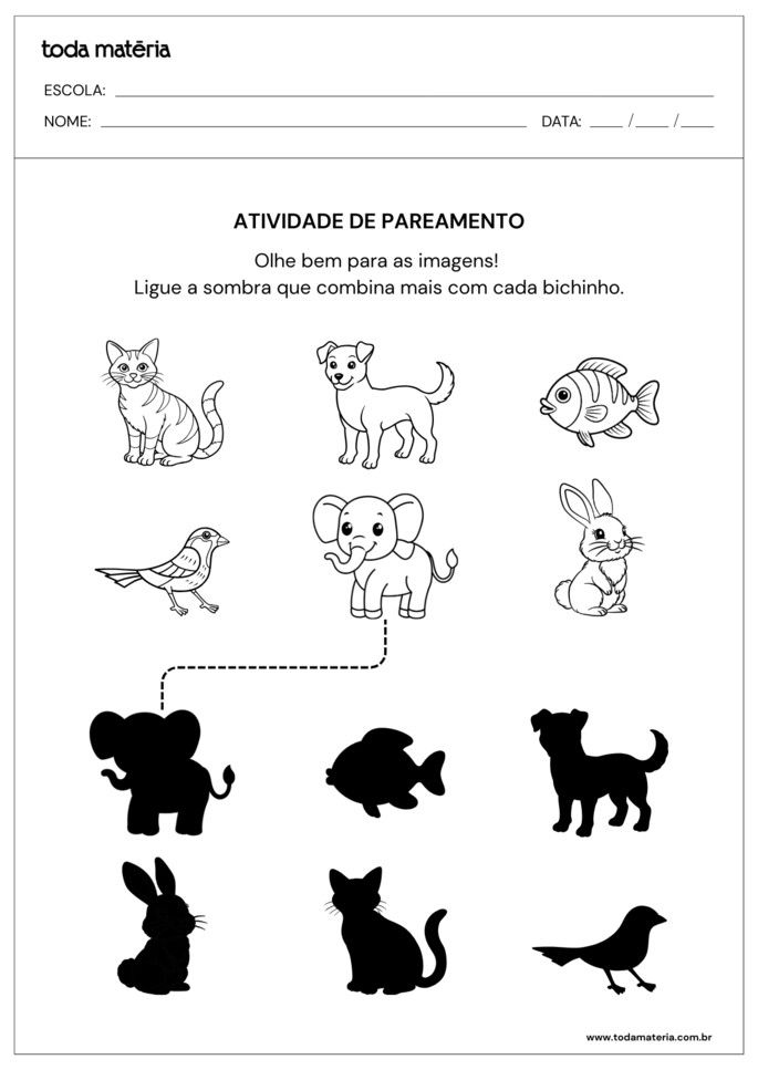 atividade de pareamento para crianças com autismo para ligar animais e suas sombras