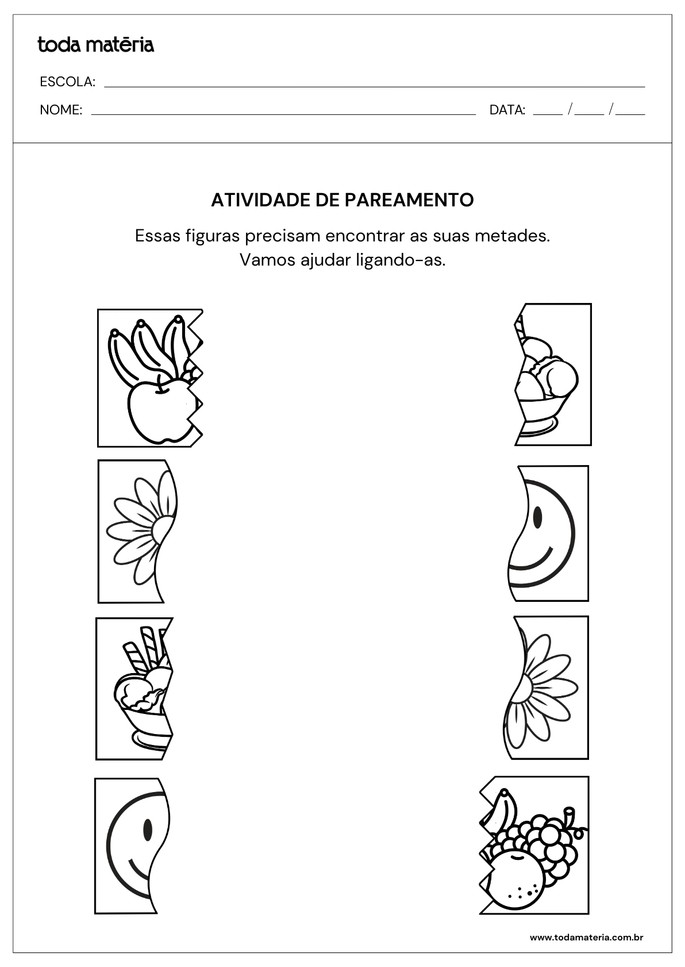 atividade de pareamento para crianças com autismo para ligar figuras e suas metades com diferentes recortes
