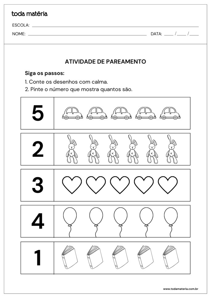 atividade de pareamento para crianças com autismo para ligar desenhos e suas quantidades