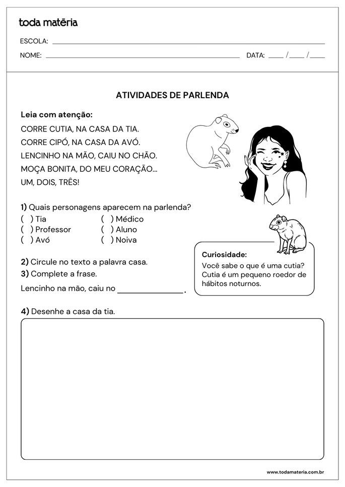 Atividade 1 de leitura e interpreta&ccedil;&atilde;o de parlendas (1&ordm; ano do Fundamental).