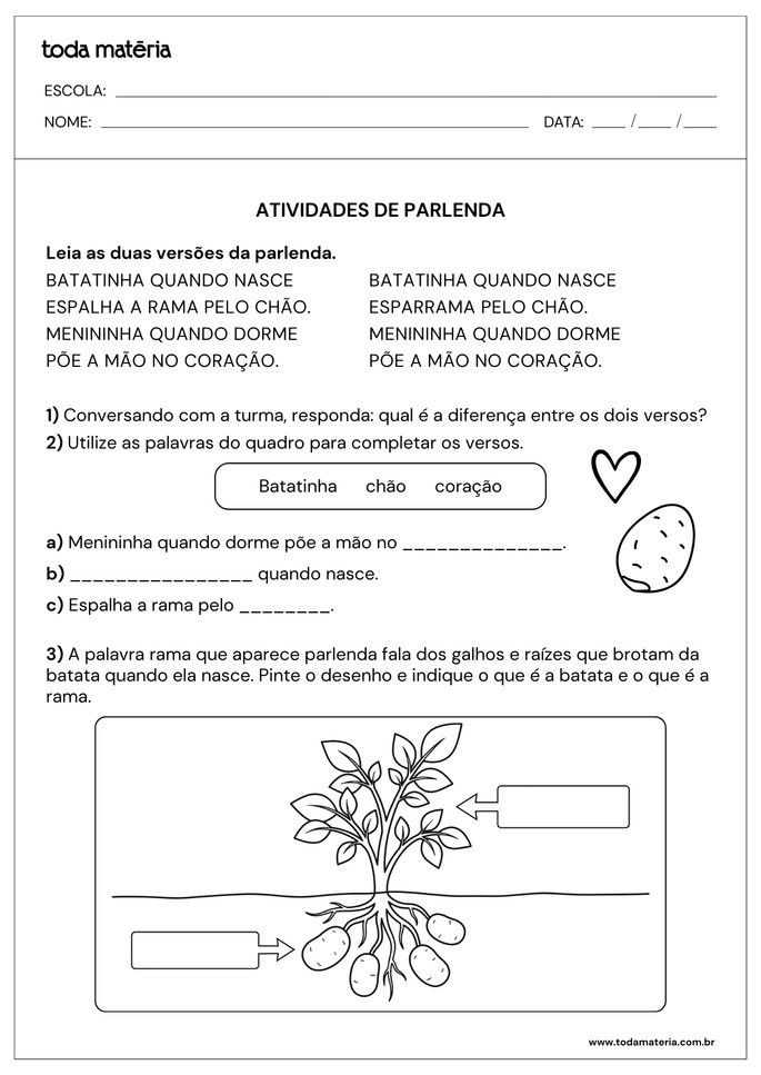 Atividade 3 de leitura e interpreta&ccedil;&atilde;o de parlendas (1&ordm; ano do Fundamental).