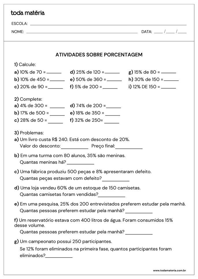 Atividades de calcular, completar e problemas sobre porcentagem para o 5&ordm; ano