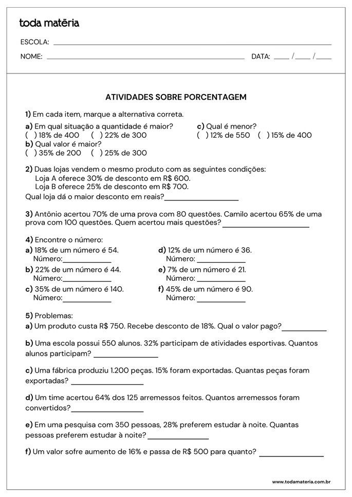 Atividades de calcular e problemas sobre porcentagem para o 5&ordm; ano