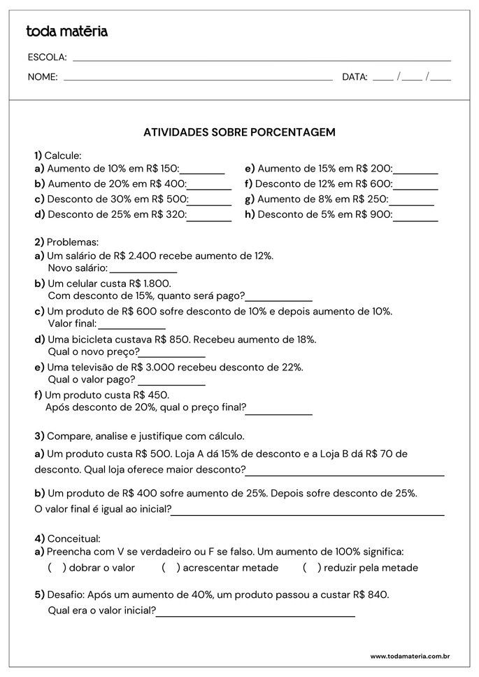 Atividades de calcular, problemas e verdadeiro ou falso sobre porcentagem para o 5&ordm; ano