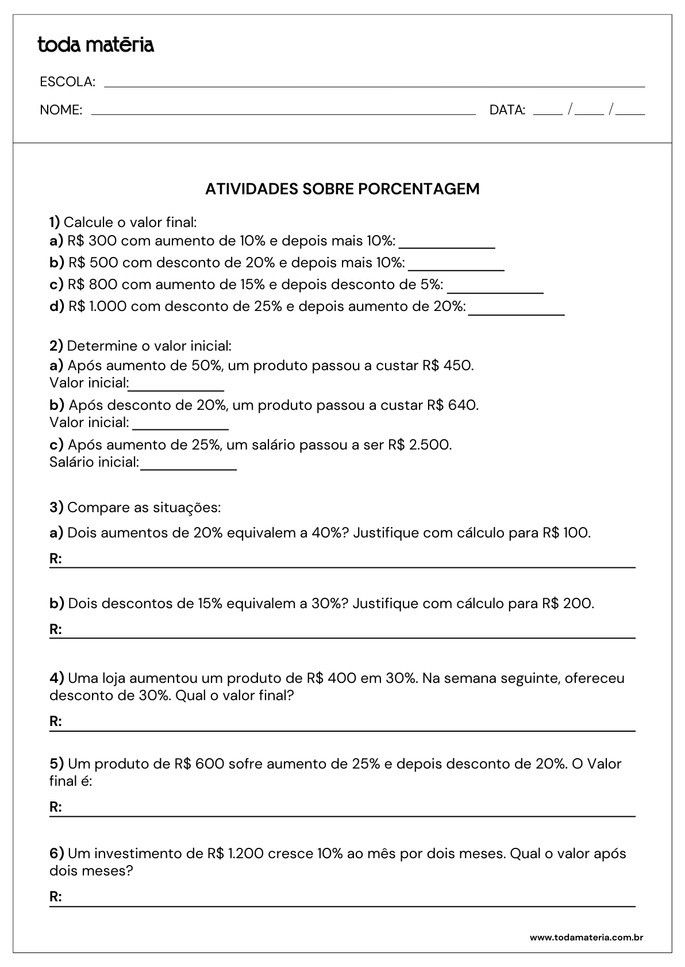 Atividades de calcular e comparar sobre porcentagem para o 5&ordm; ano