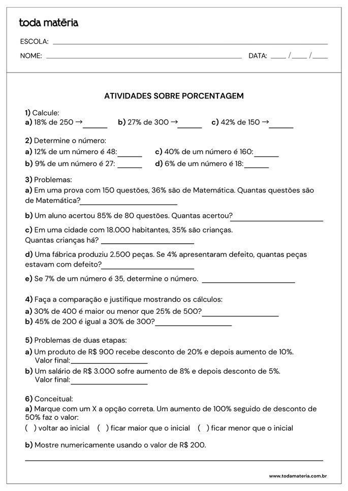 Atividades de calcular e problemas de duas etapas sobre porcentagem para o 5&ordm; ano
