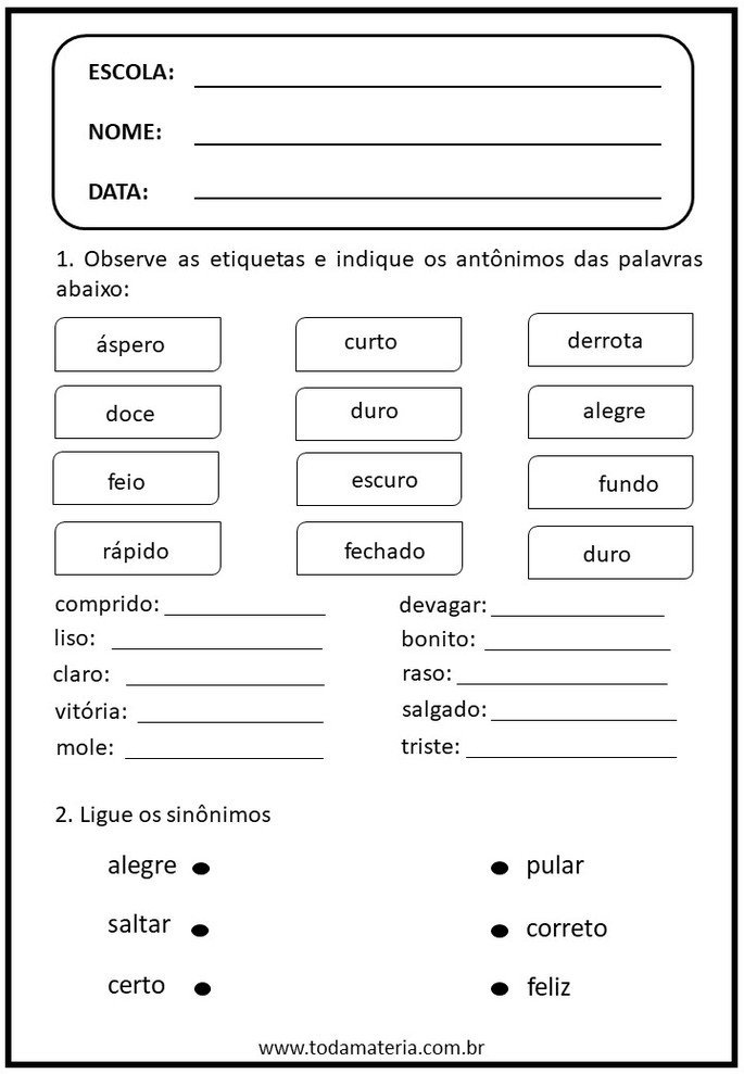 Atividades de português com sinônimos e antônimos