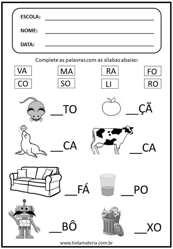 Atividades De AlfabetizaÇÃo, Completar As Palavras, Fo