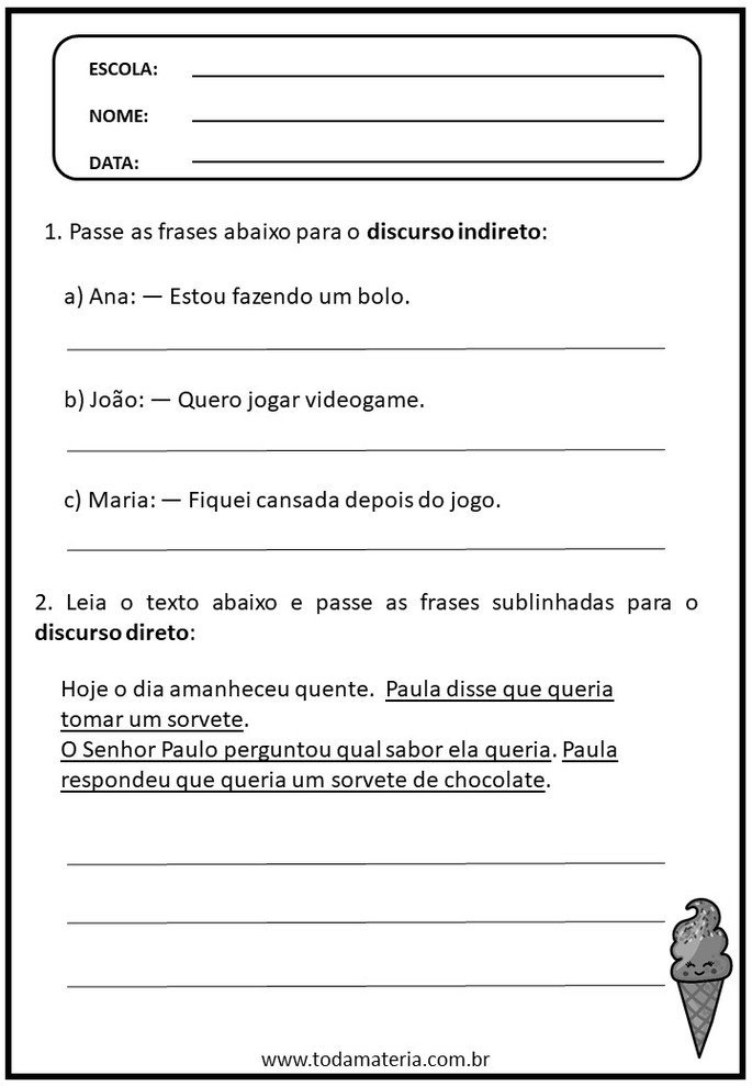 atividades de português sobre discurso direto e discurso indireto