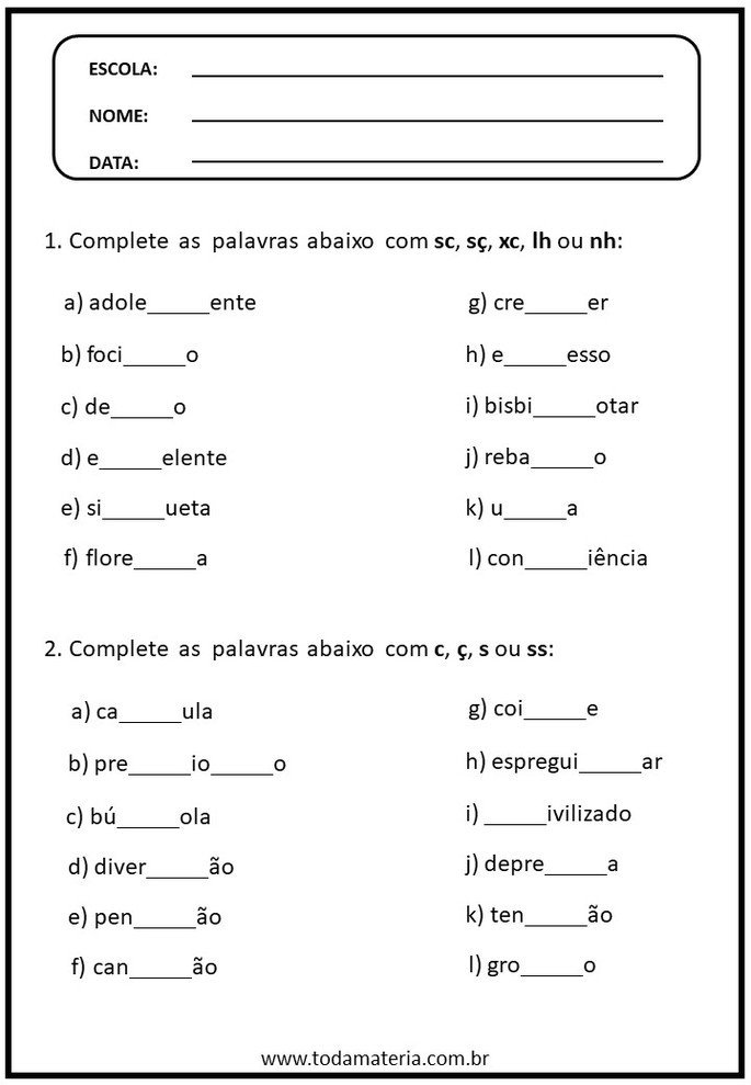 Atividades de português sobre ortografia de palavras com sc, sç, xc, lh, nh, c, ç, s e ss