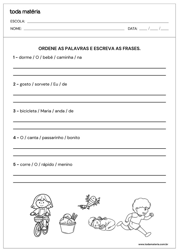 atividade de escrever frases ordenando palavras