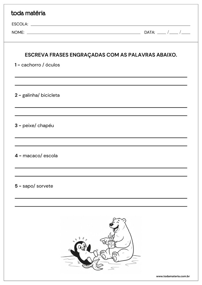 atividade de produção de frases engraçadas com palavras sugeridas