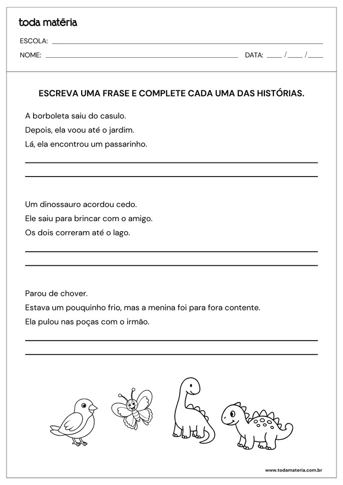 atividade de produção de frases para completar texto infantil